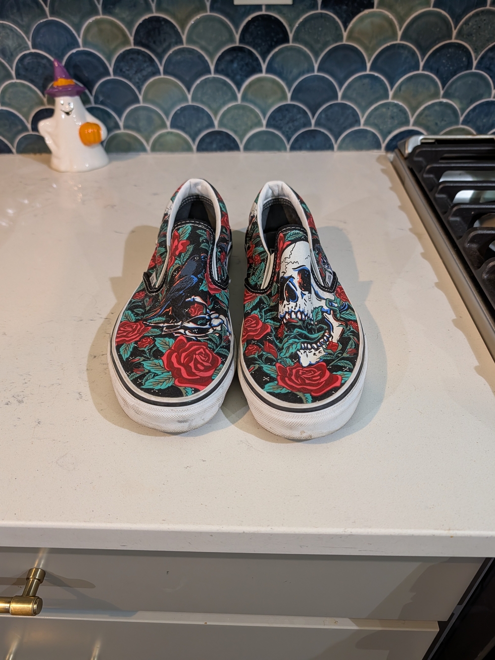 Vans Slip-On Sneakers with Red Rose & Skull Graphic - Black Base